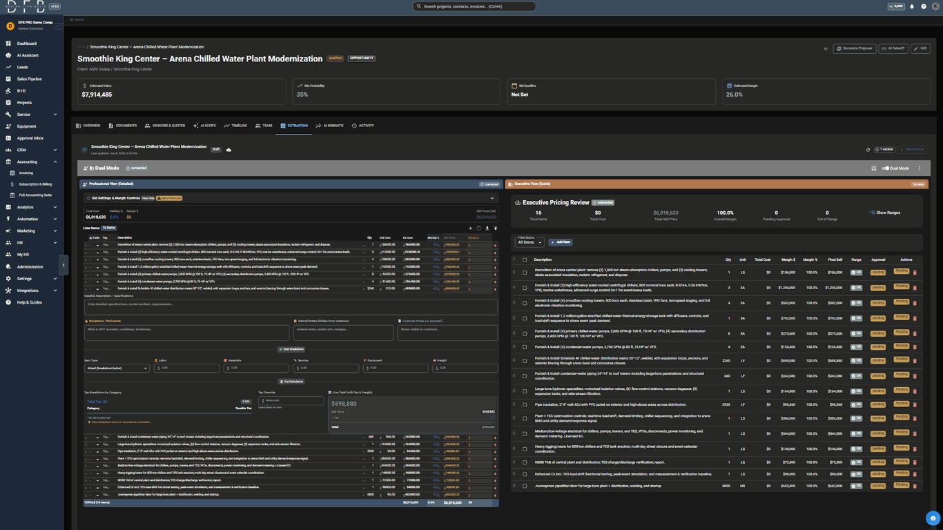 DesignFlow Build construction estimating — detailed line items with a live executive pricing review